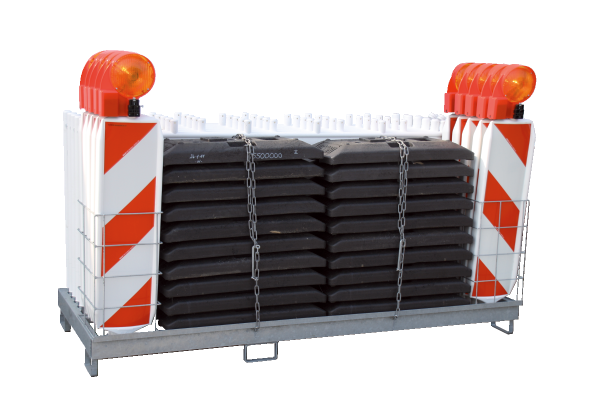 Kombigestell für Fußplatten, Absperrschrankengitter und Baken