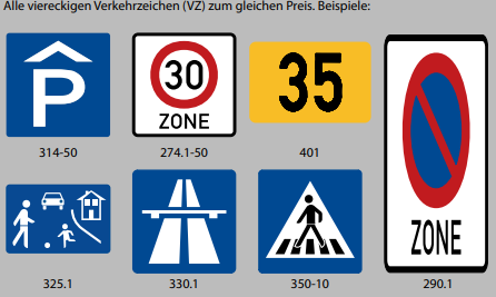 Fahrbahn-Dauermarkierung - viereckige Verkehrszeichen gemäß StVO, bunt